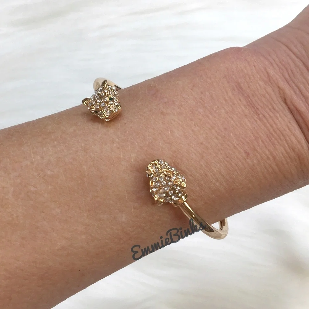 New Golden Dual Leopard Cuff Bangle Bracelet - Picture 2 of 16